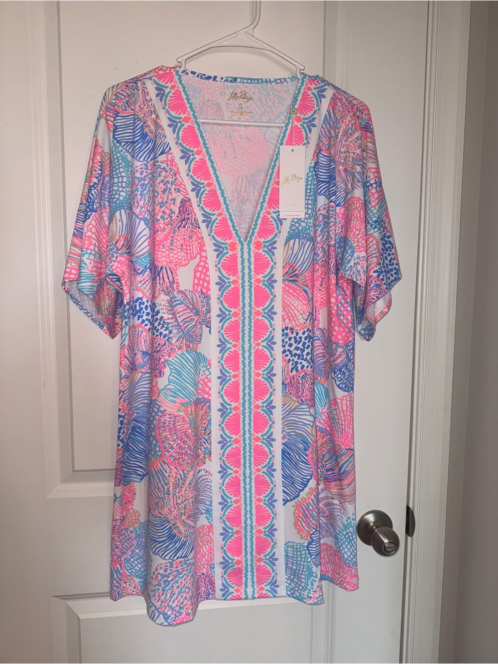 Lilly Pulitzer Malachi Pink, Light Blue V-Neck Beach Coverup Swim Size S
